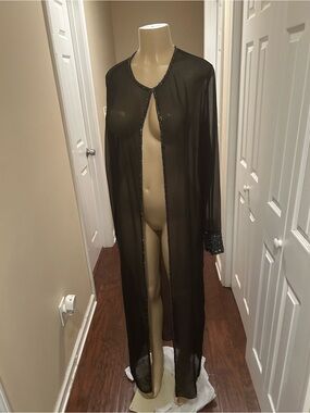 Sheer Black Beaded Long Duster/ kimono Robe